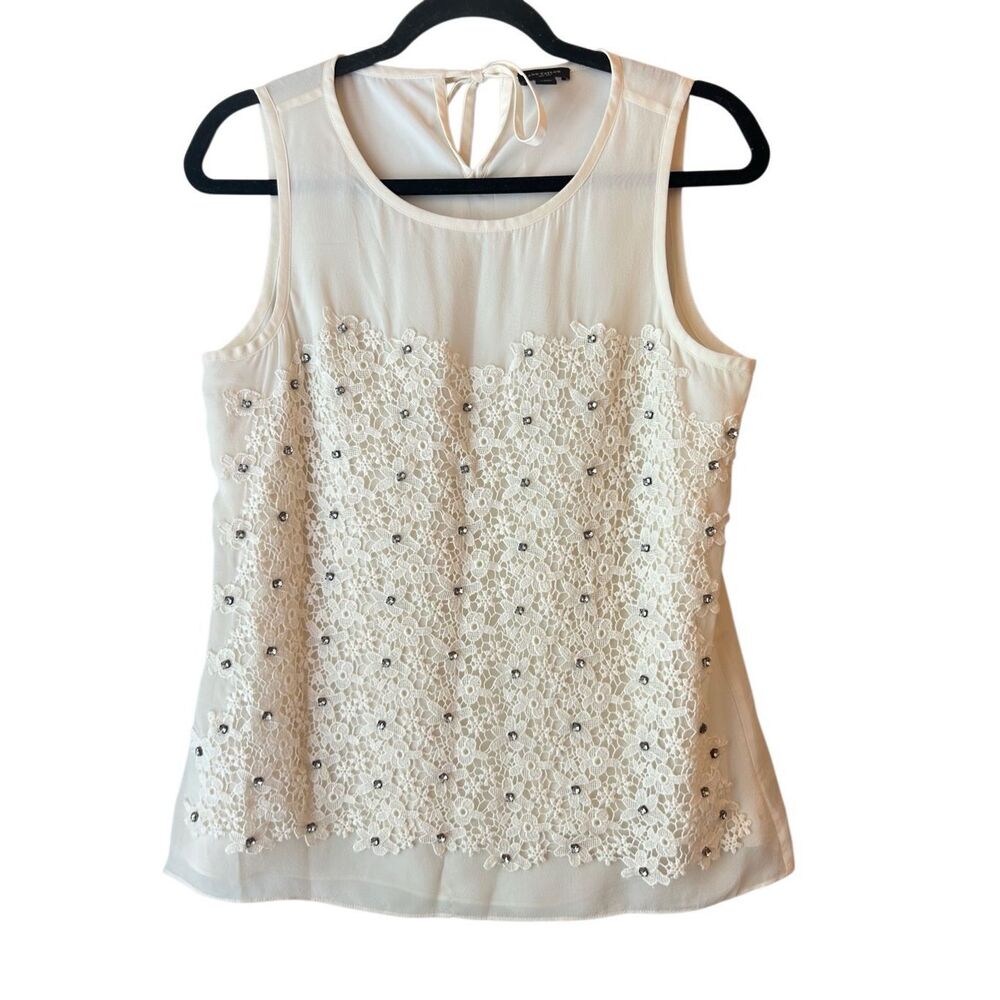 Ann Taylor Silk Sleeveless Blouse sz S with floral lace and rhinestone embellish
